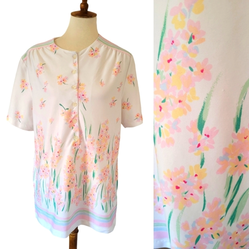 70's Vera Neumann Lady Bug‎ Label Pastel Floral and Stripe Blouse